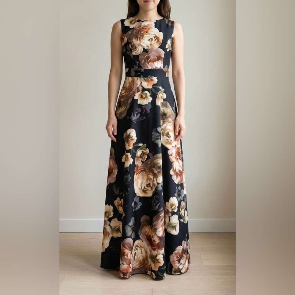 ERUKE Floral Maxi Dress Gown - Black and Brown - Fits like S-XS